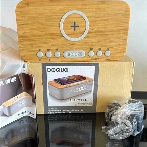 Alarm Clock with Wireless Charging - Brown and Gray